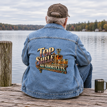 Senior man by lake in blue vintage denim jacket with printed Top Shelf. No Shortcuts