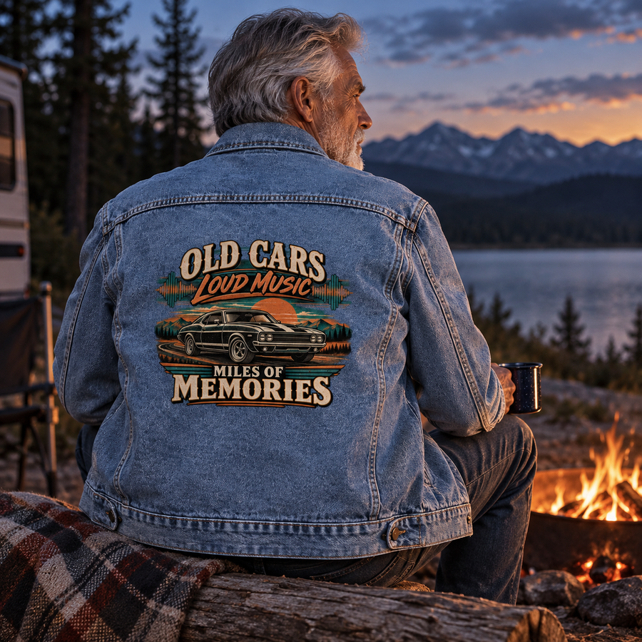 Back view of senior man in blue vintage denim jacket with printed car slogan.