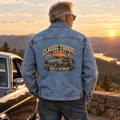 Back view of senior man in blue vintage denim jacket with printed car design