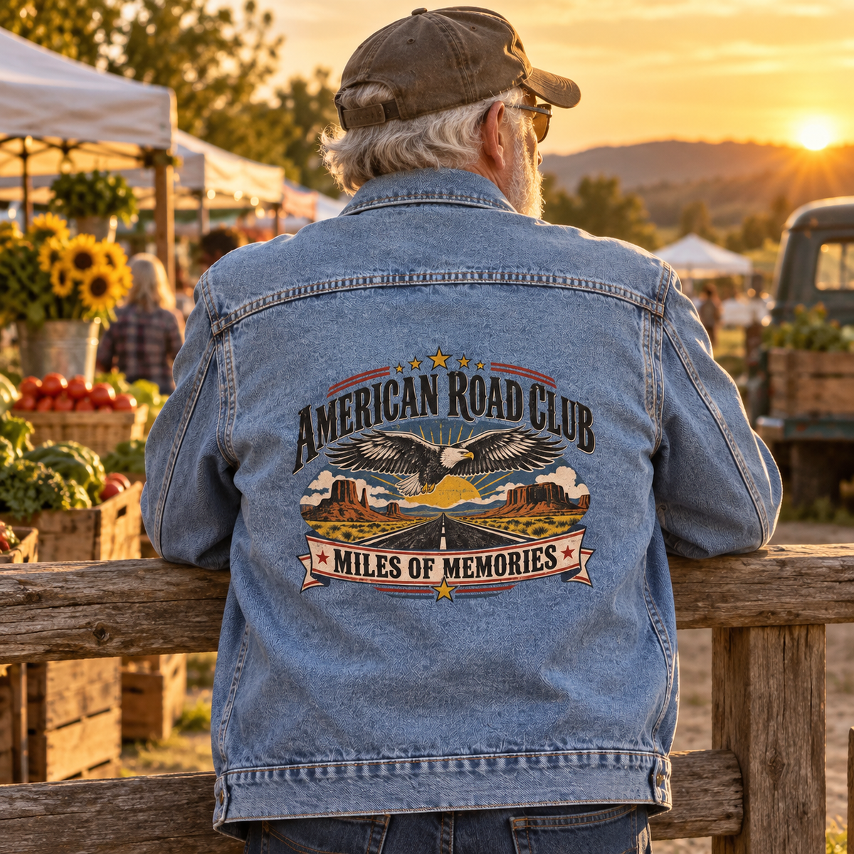 Senior man wearing blue vintage denim jacket printed with American Road Club, Miles Of Memories.
