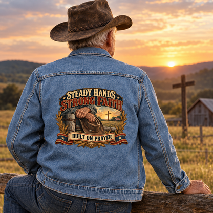 Senior man wearing blue vintage denim jacket with printed faith slogan, back view at sunset.