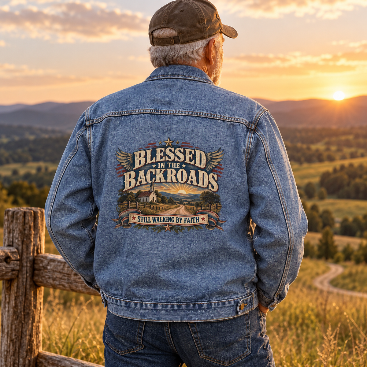 Senior man wearing blue vintage denim jacket with printed backroads faith design at sunset