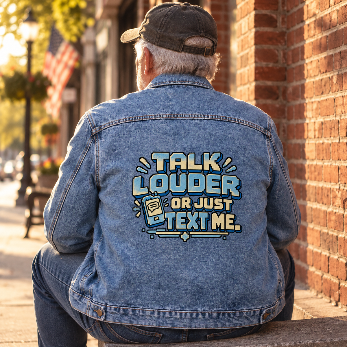 Senior man in blue vintage denim jacket with Talk Louder Or Just Text Me printed on back