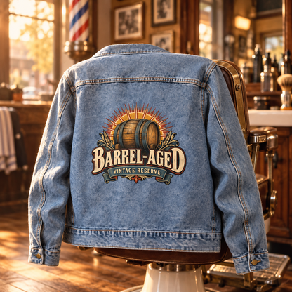 Light blue vintage denim jacket, back view, with printed Barrel-Aged Vintage Reserve barrel design
