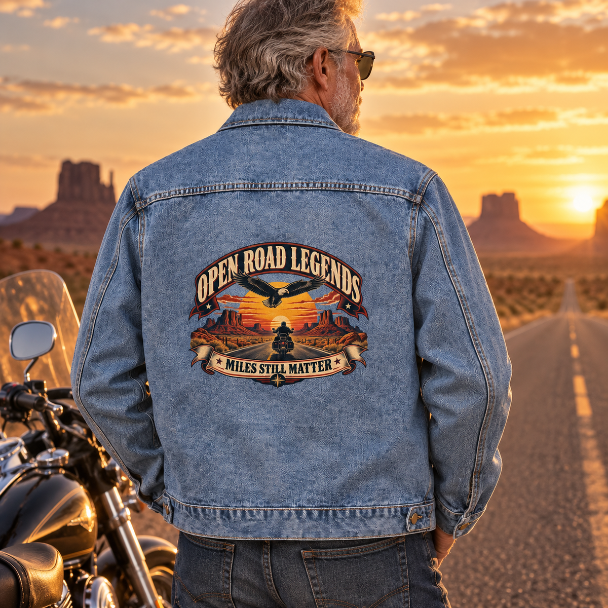 Senior man wears blue vintage denim jacket printed with Miles Still Matter beside desert road.