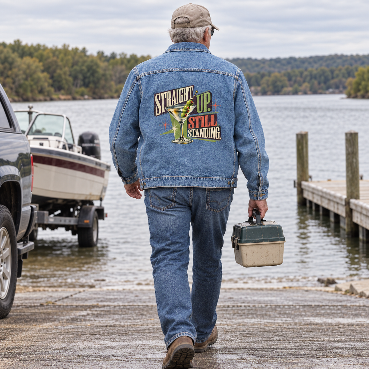 Senior man wears blue vintage denim jacket with printed Straight Up. Still Standing design lakeside