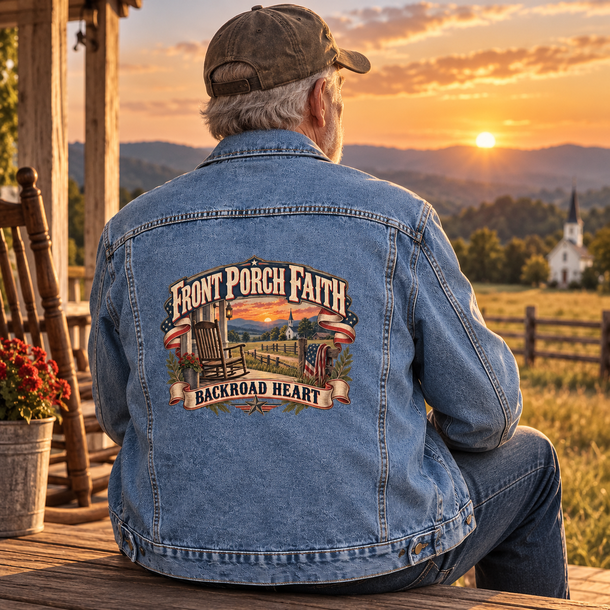 Senior man on porch wearing blue vintage denim jacket printed Front Porch Faith Backroad Heart