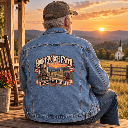 Senior man on porch wearing blue vintage denim jacket printed Front Porch Faith Backroad Heart