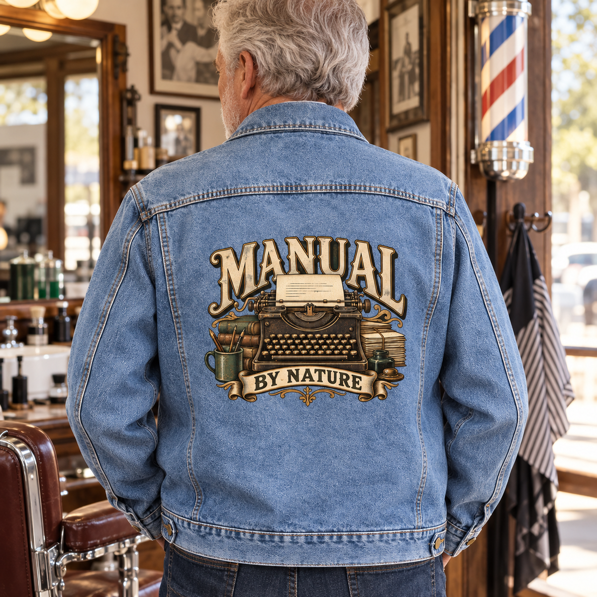 vintage denim jacket with Manual By Nature printed design