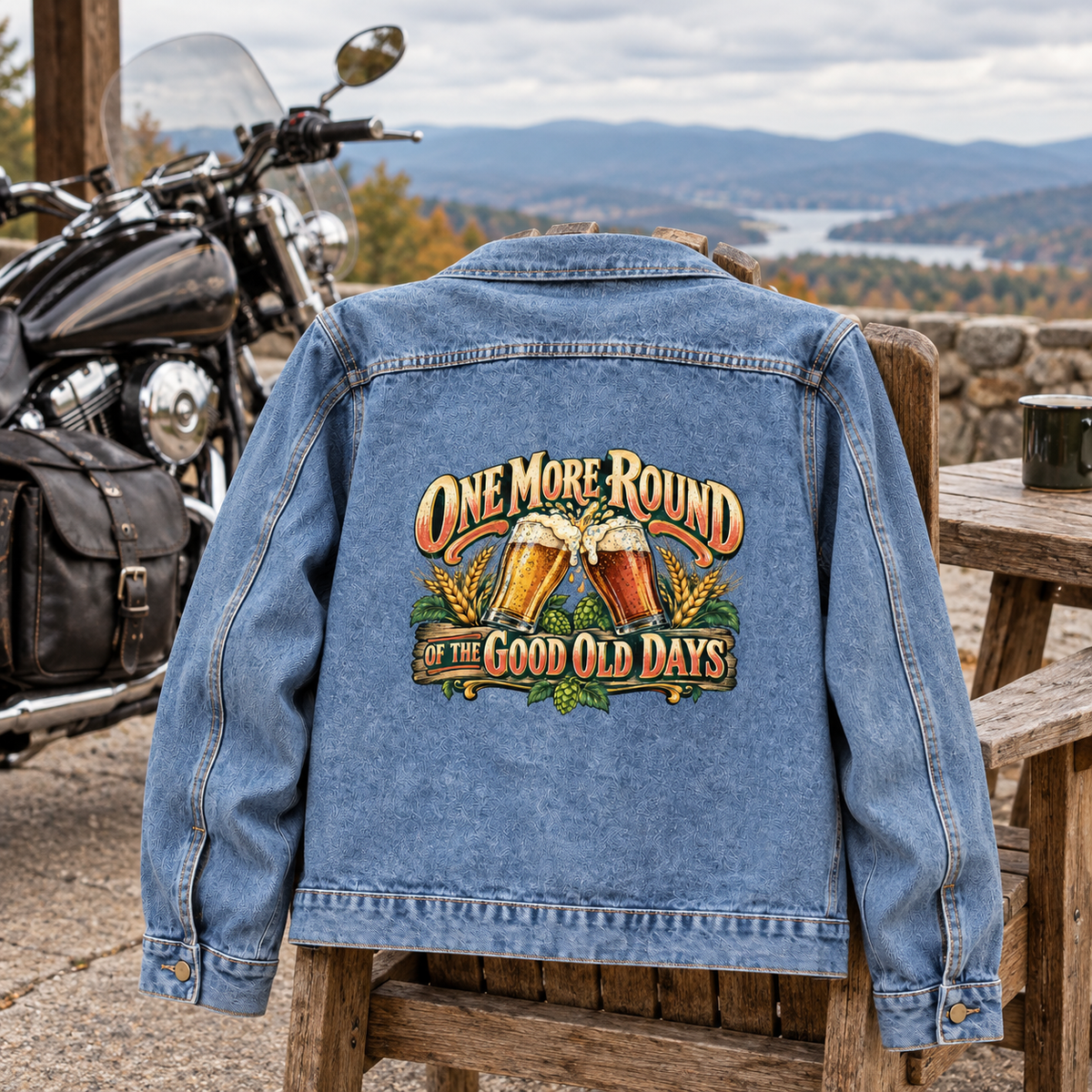 Blue vintage denim jacket, back view, printed One More Round Of The Good Old Days.