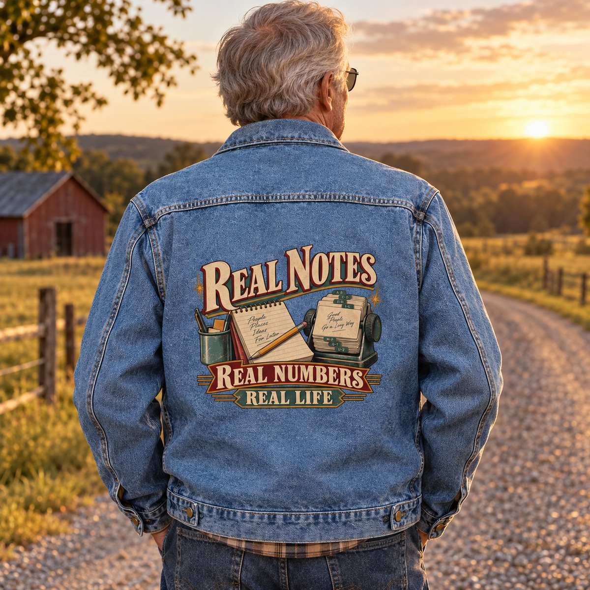 Senior man in blue vintage denim jacket, back printed Real Notes, Real Numbers, Real Life.