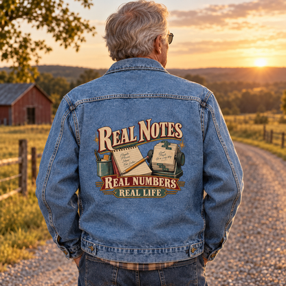 Senior man in blue vintage denim jacket, back printed Real Notes, Real Numbers, Real Life.