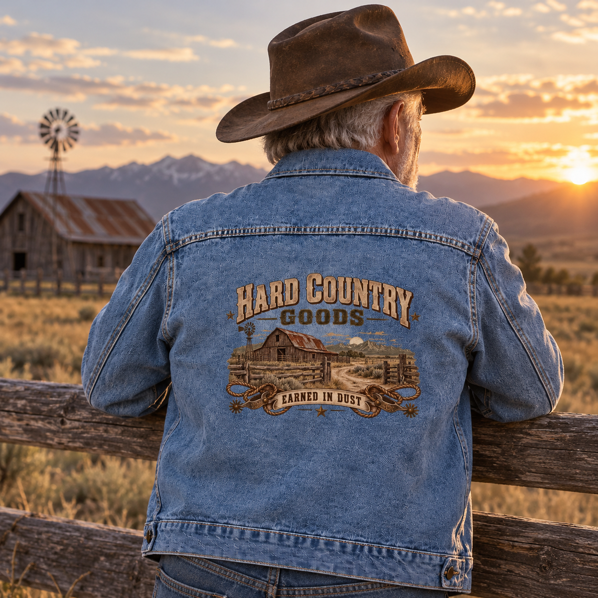 Senior man in blue vintage denim jacket, printed Hard Country Goods Earned In Dust