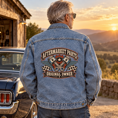 Senior man in blue vintage denim jacket, back view, printed Aftermarket Parts. Original Owner.