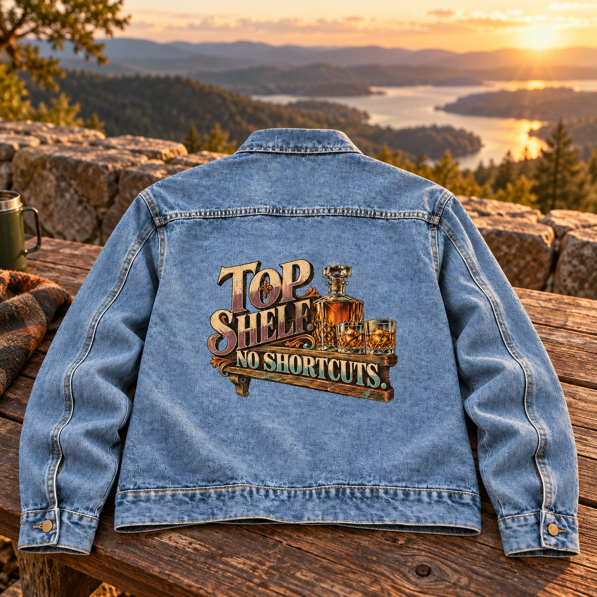 Blue vintage denim jacket laid flat, back showing printed Top Shelf. No Shortcuts design.
