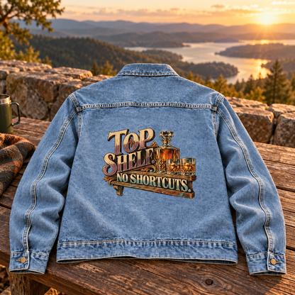 Blue vintage denim jacket laid flat, back showing printed Top Shelf. No Shortcuts design.