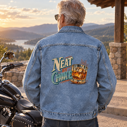 Senior man wearing blue vintage denim jacket with printed Neat By Choice glass design.