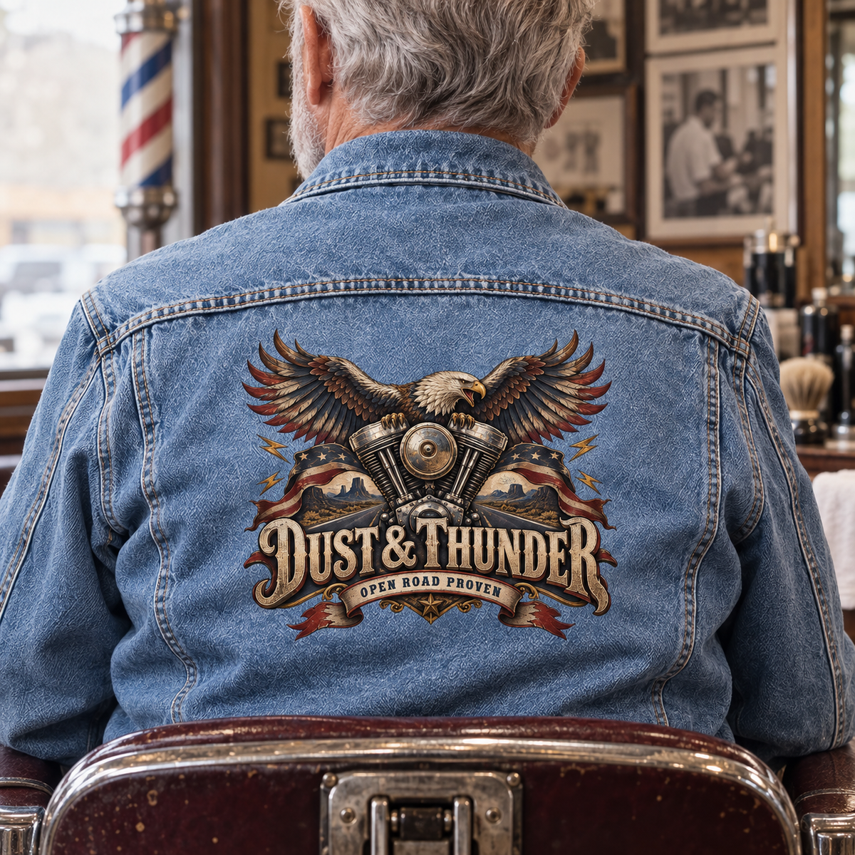 Rear view of senior man wearing blue vintage denim jacket with printed eagle design