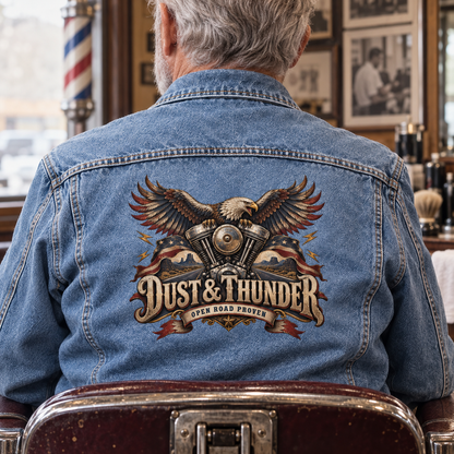 Rear view of senior man wearing blue vintage denim jacket with printed eagle design