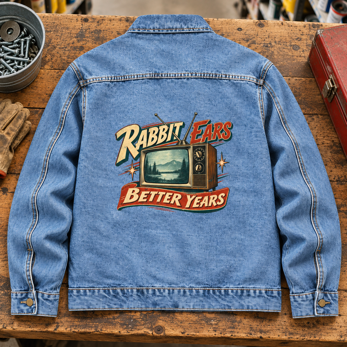 Blue vintage denim jacket on workbench, back view, with printed television and “Rabbit Ears. Better Years” slogan.