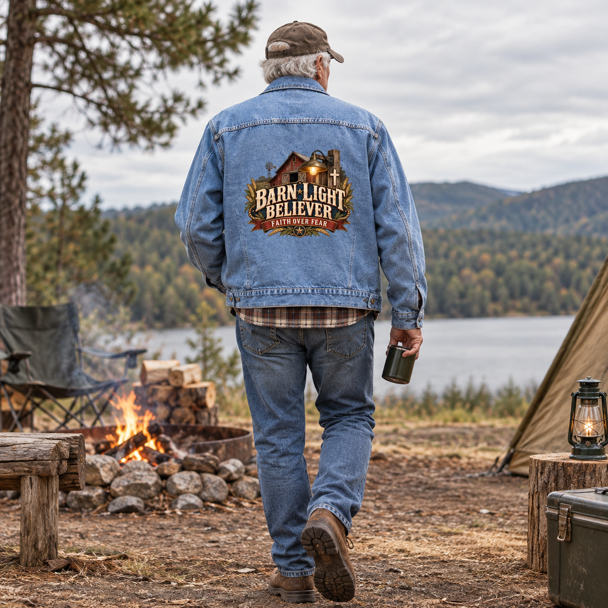 Senior man at campsite, back view of blue vintage denim jacket with printed Barn Light Believer design
