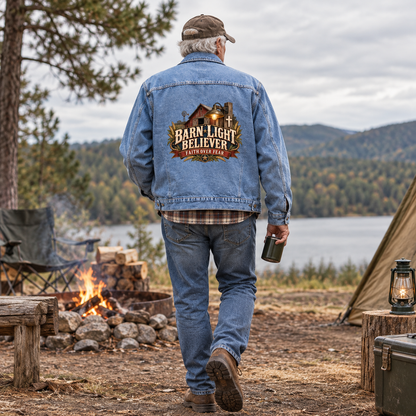 Senior man at campsite, back view of blue vintage denim jacket with printed Barn Light Believer design
