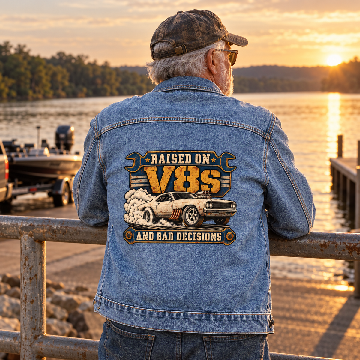 Senior man wears blue vintage denim jacket printed with Raised On V8s And Bad Decisions