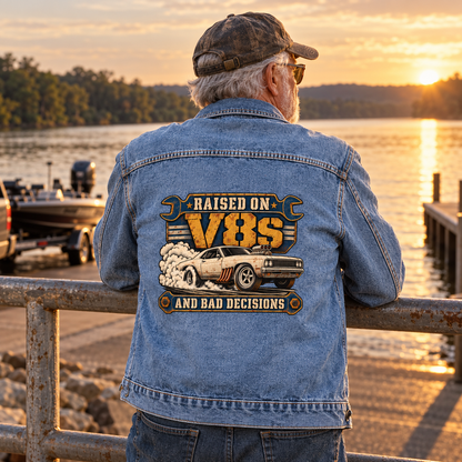 Senior man wears blue vintage denim jacket printed with Raised On V8s And Bad Decisions
