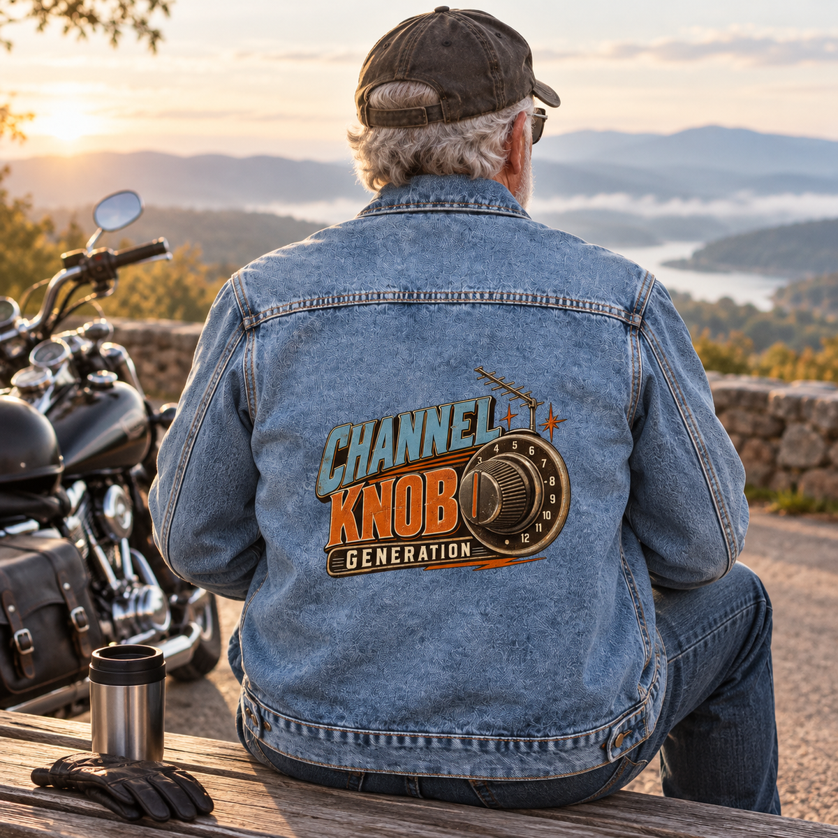 Senior man wearing blue vintage denim jacket with printed Channel Knob Generation design, rear view