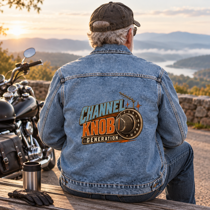Senior man wearing blue vintage denim jacket with printed Channel Knob Generation design, rear view