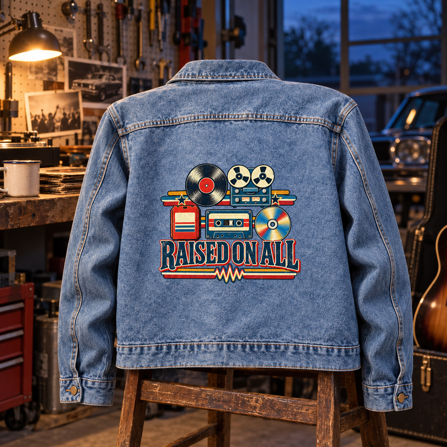 Back view of blue vintage denim jacket with printed Raised On All music design in workshop