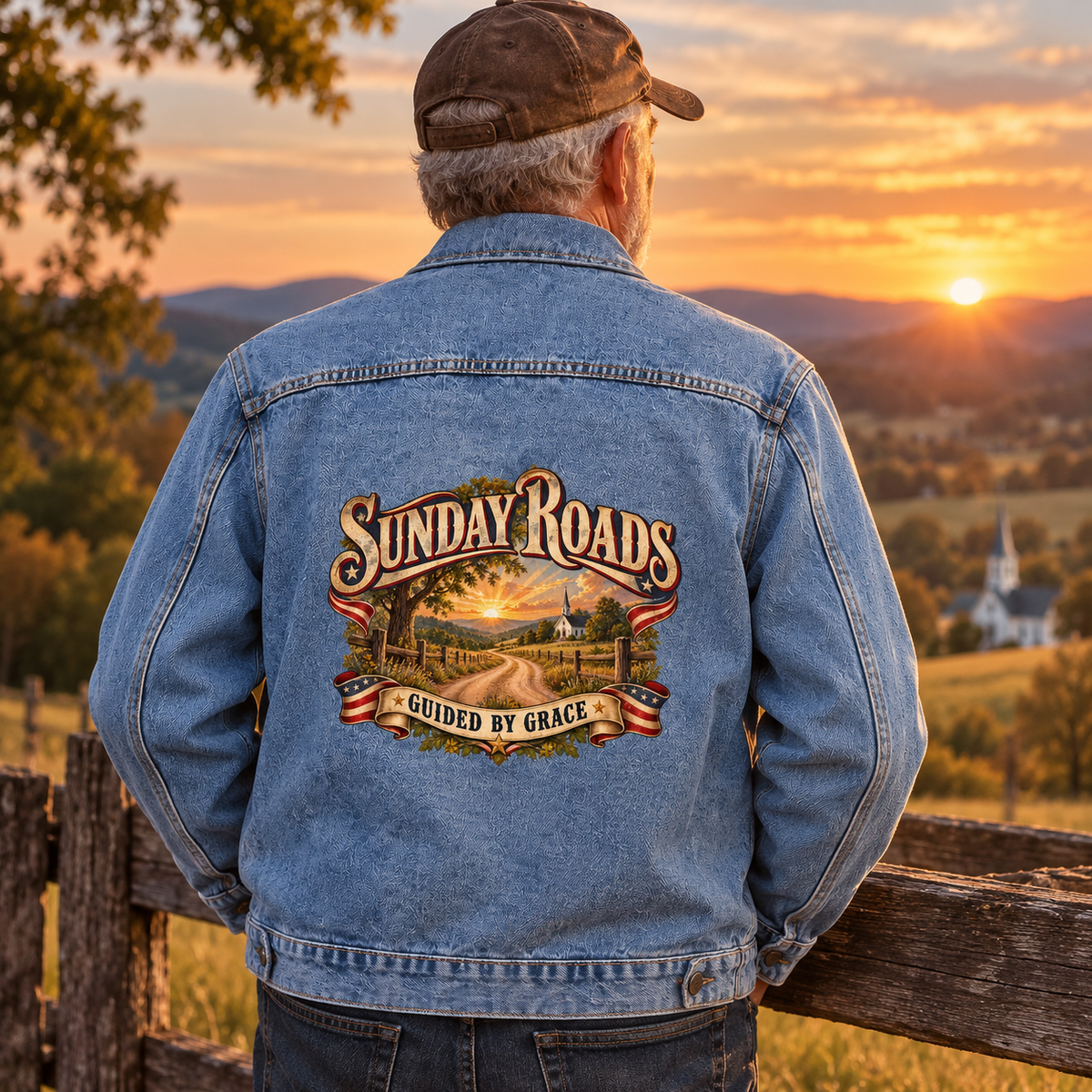 Senior man in blue vintage denim jacket, Sunday Roads Guided By Grace printed on back