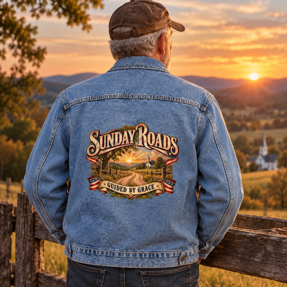 Senior man in blue vintage denim jacket, Sunday Roads Guided By Grace printed on back