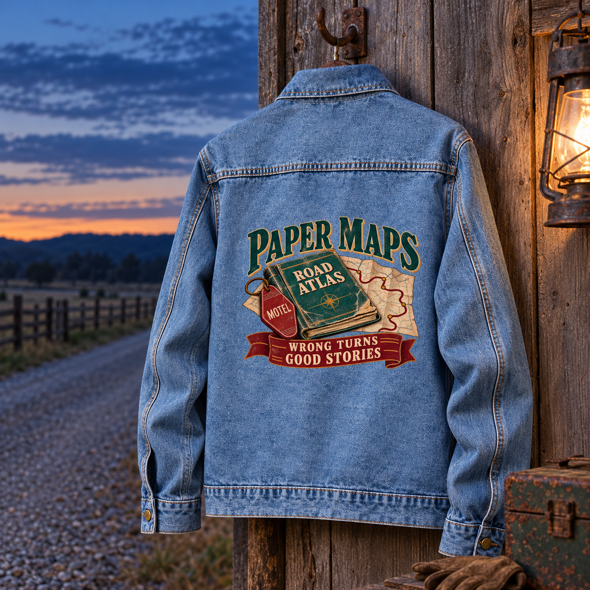 vintage denim jacket with Paper Maps. Wrong Turns. Good Stories printed design