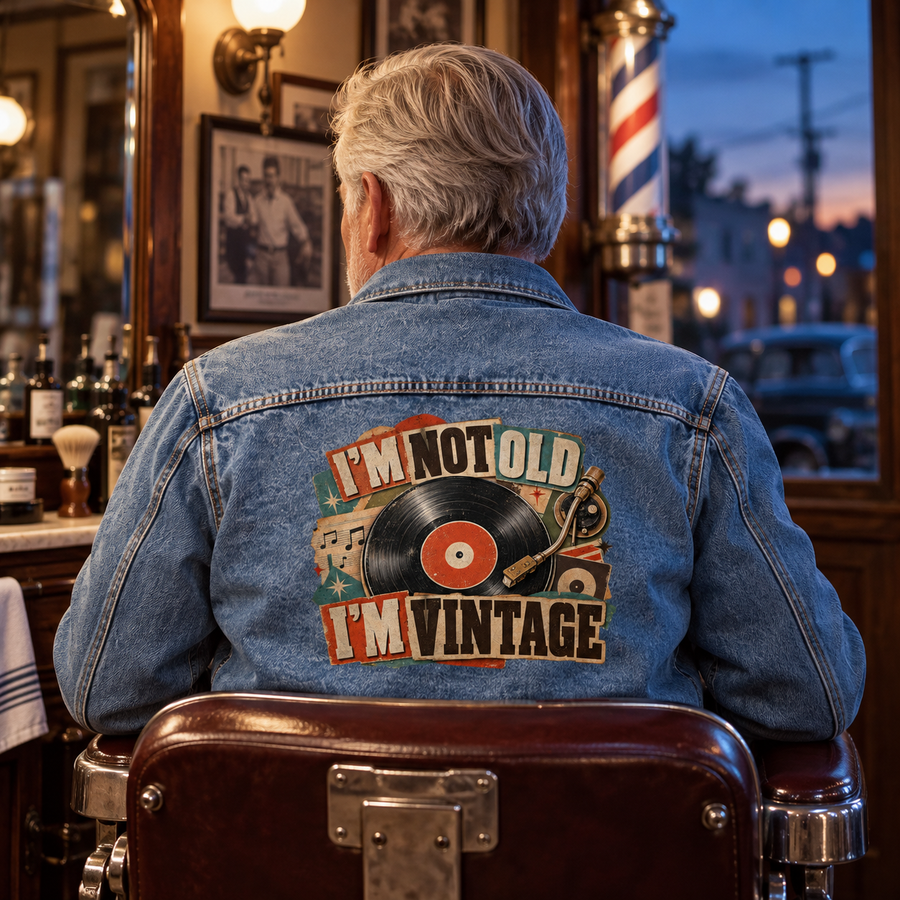 Senior man in barbershop wears blue vintage denim jacket printed “I’m Not Old. I’m Vintage”