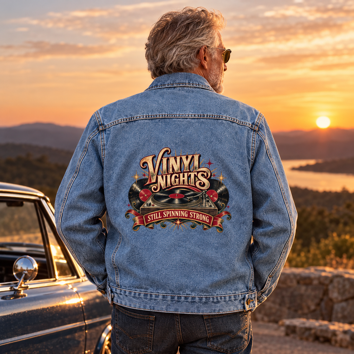 Senior man wearing blue vintage denim jacket with printed Vinyl Nights Still Spinning Strong design at sunset.