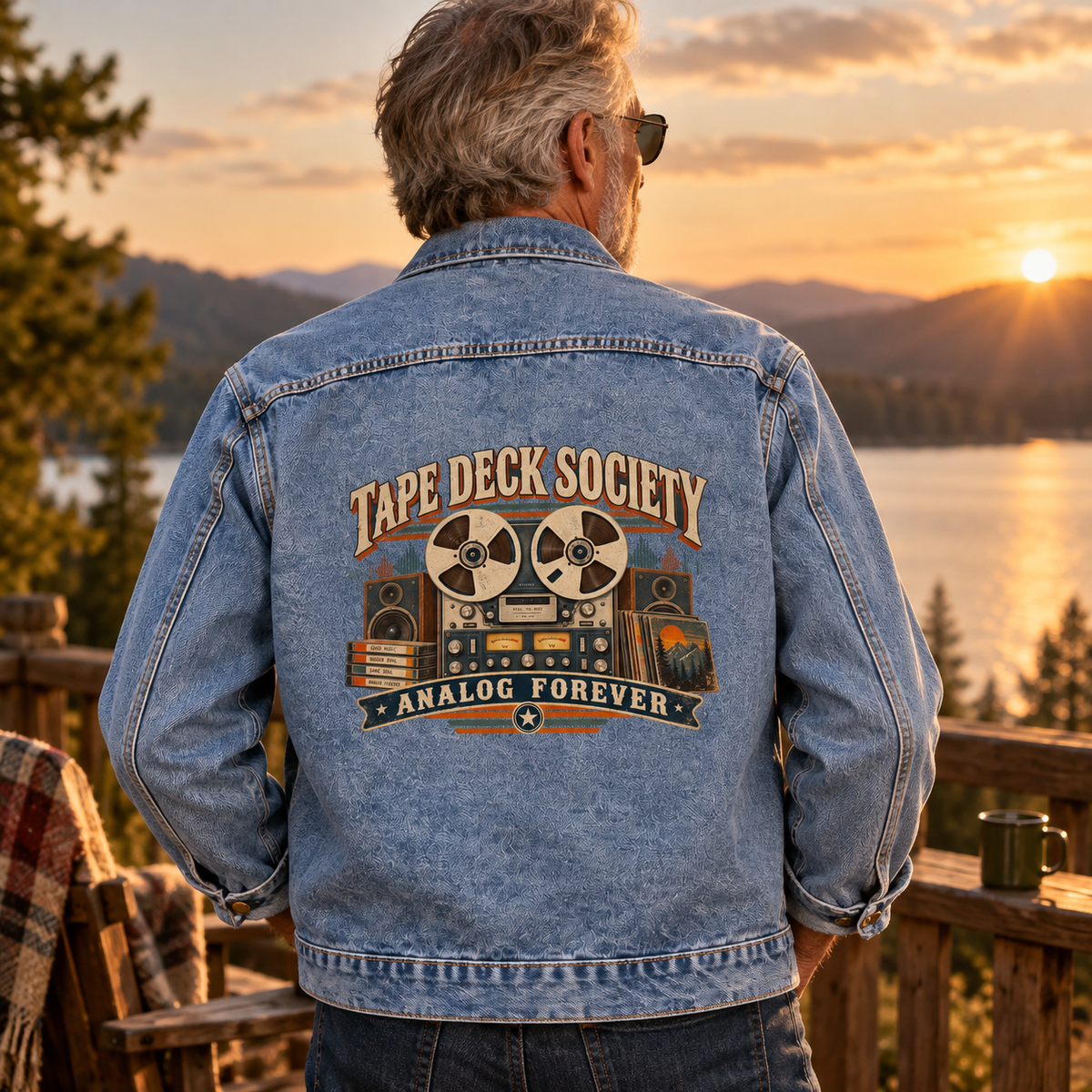 Senior man wearing blue vintage denim jacket with printed Tape Deck Society, Analog Forever design