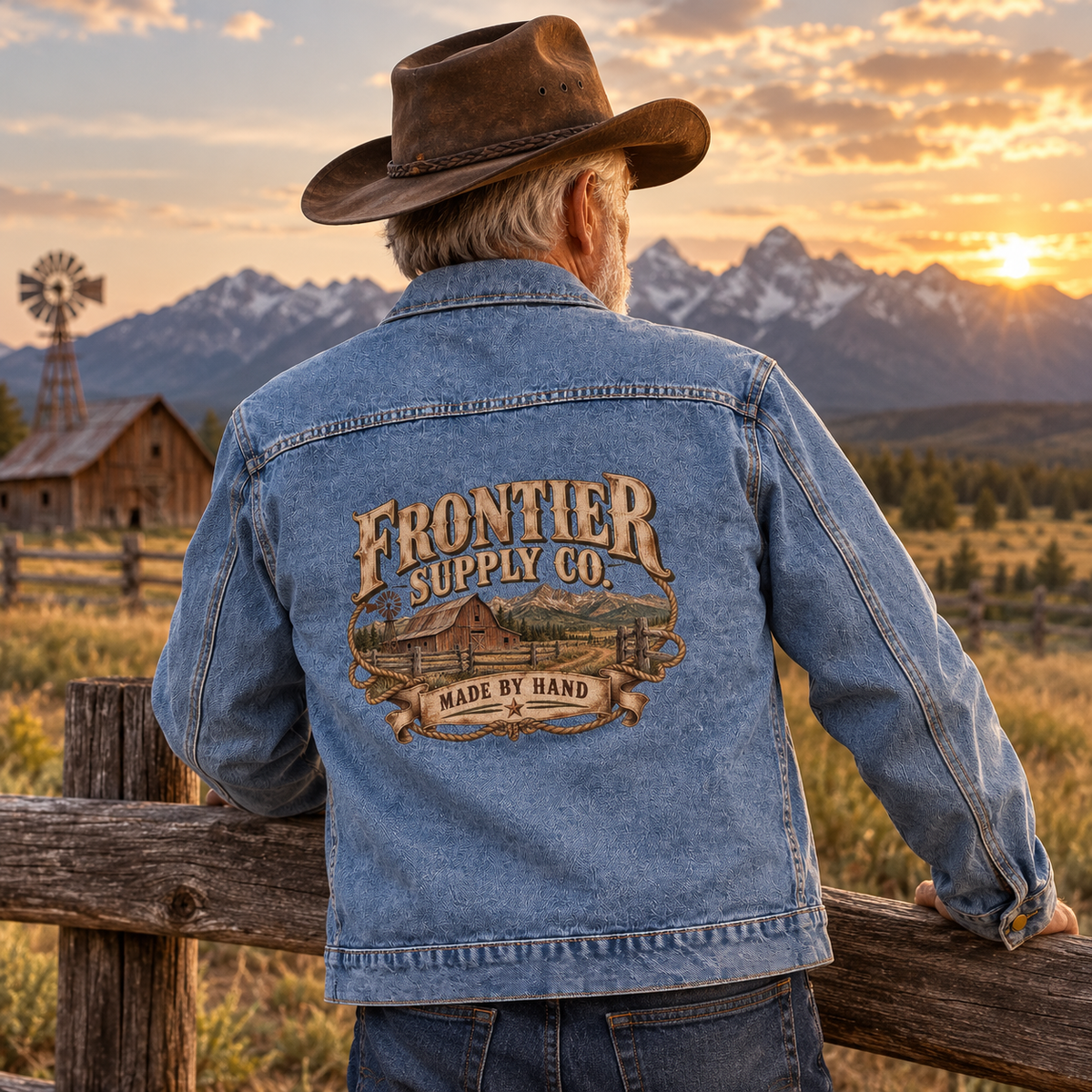 Senior man’s blue vintage denim jacket, back view, printed Frontier Supply Co. Made By Hand