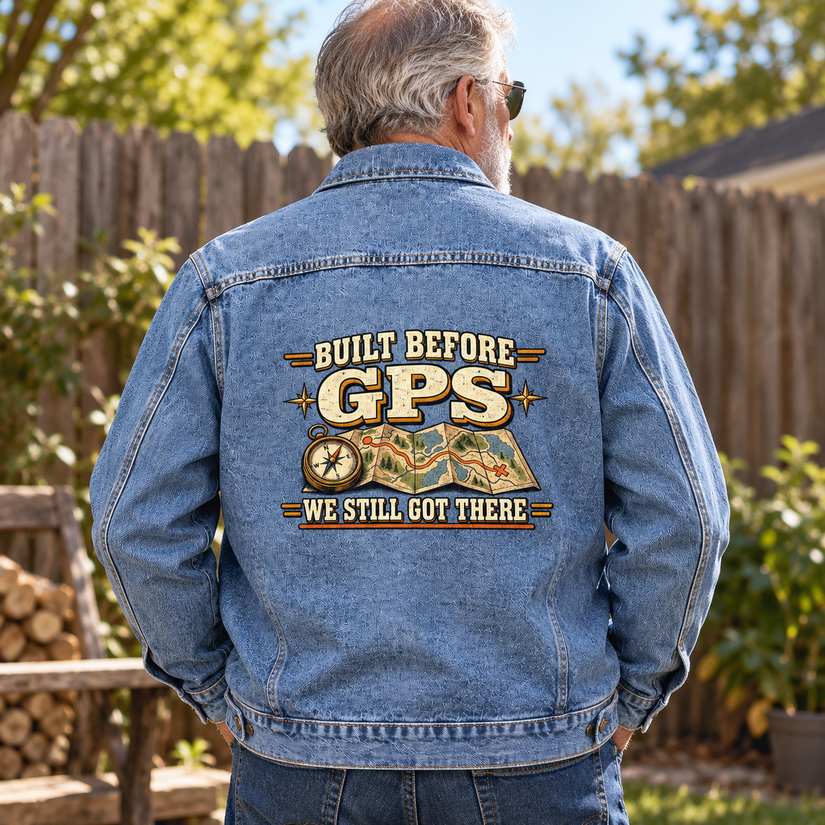 Senior man wearing blue vintage denim jacket, back view, with printed GPS slogan and map.