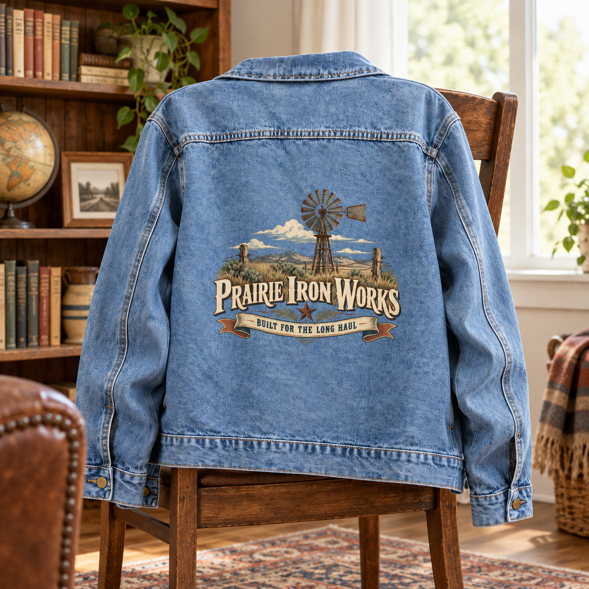 Blue vintage denim jacket with printed windmill and Built For The Long Haul slogan