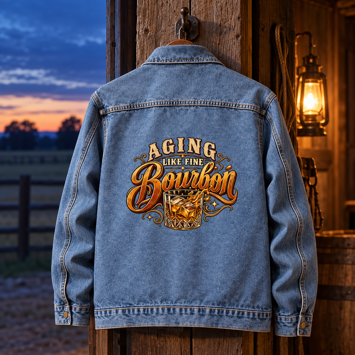 Blue vintage denim jacket back with printed Aging Like Fine Bourbon and whiskey glass