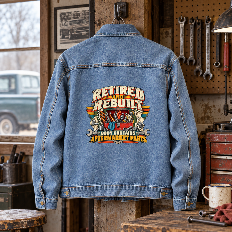 Blue vintage denim jacket back with printed Retired And Rebuilt, Body Contains Aftermarket Parts