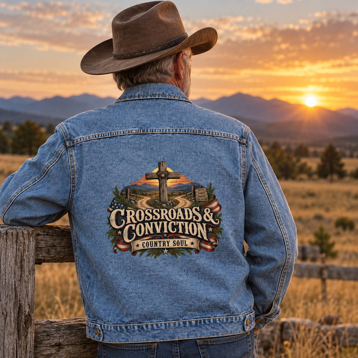 Senior man wearing blue vintage denim jacket, Crossroads & Conviction Country Soul printed on back
