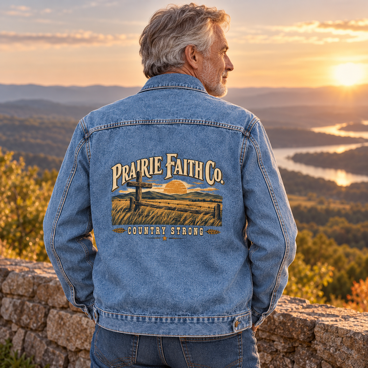 Senior man in blue vintage denim jacket, Prairie Faith Co. Country Strong printed on back