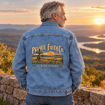 Senior man in blue vintage denim jacket, Prairie Faith Co. Country Strong printed on back