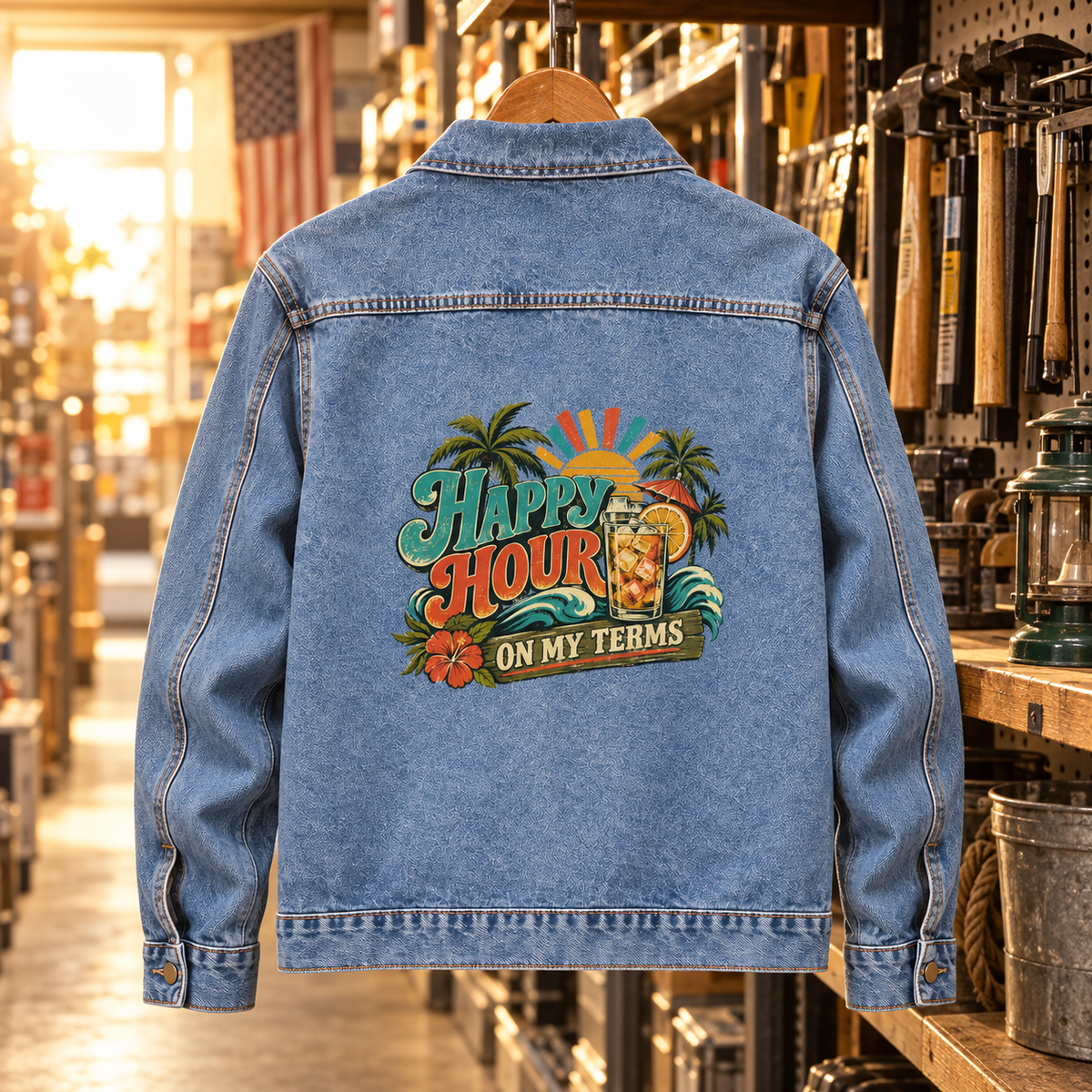 Blue vintage denim jacket, back view, with printed Happy Hour On My Terms design.