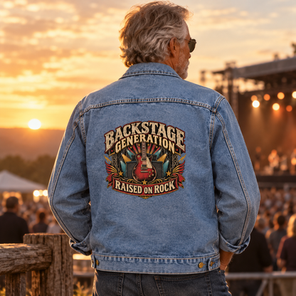 Senior man at concert wearing blue vintage denim jacket printed Backstage Generation Raised On Rock