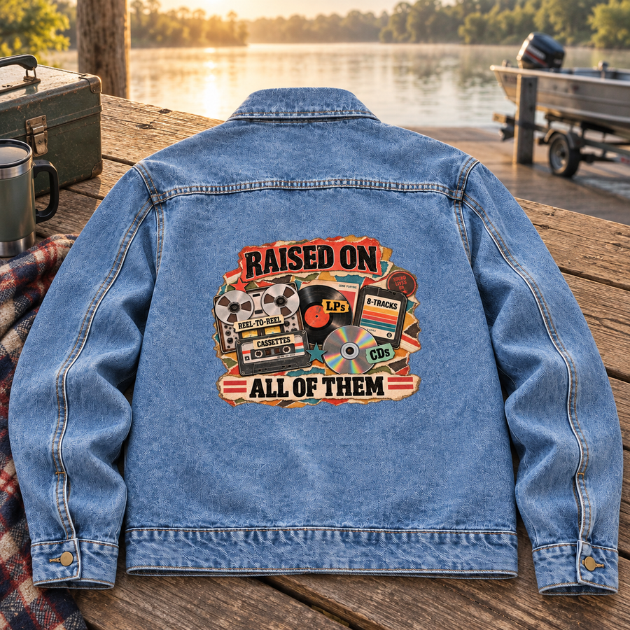 Blue vintage denim jacket back with Raised On All Of Them printed music design