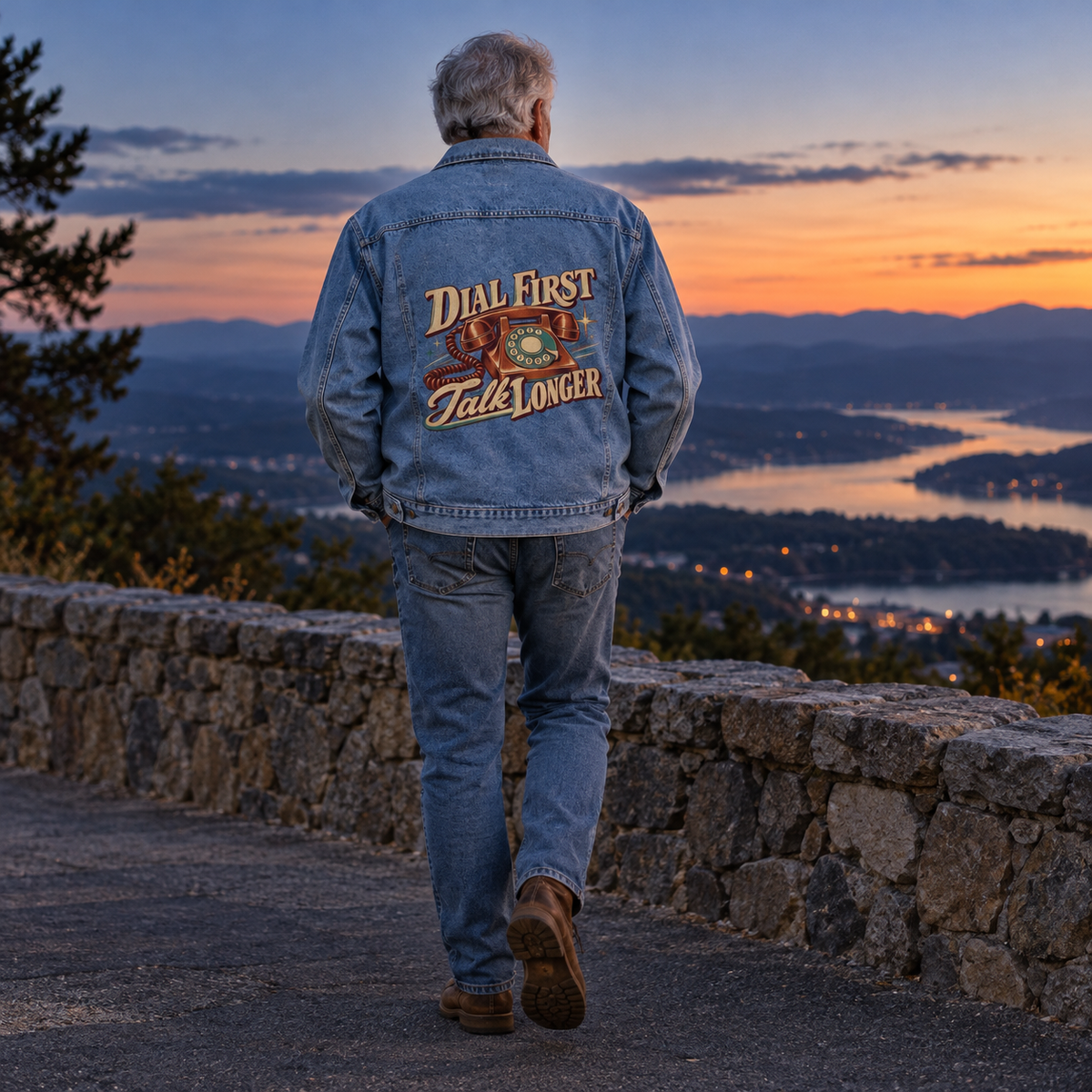 Senior man in blue vintage denim jacket with printed Dial First. Talk Longer design