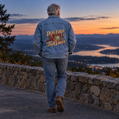 Senior man in blue vintage denim jacket with printed Dial First. Talk Longer design